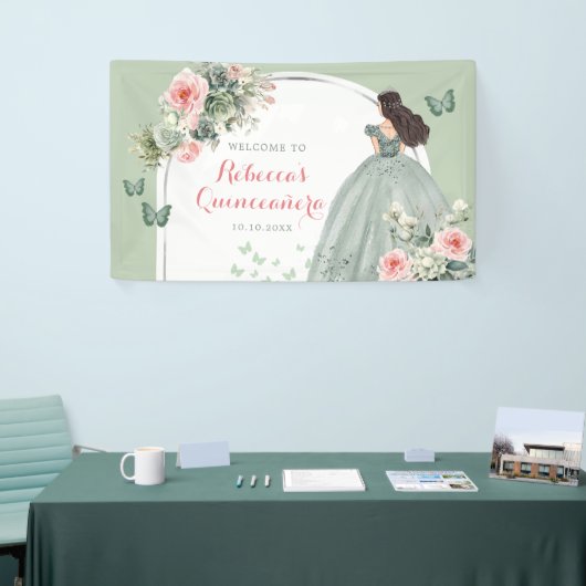 Boho Sage Green Princess Quinceañera Large Banner (Messeveranstaltung)