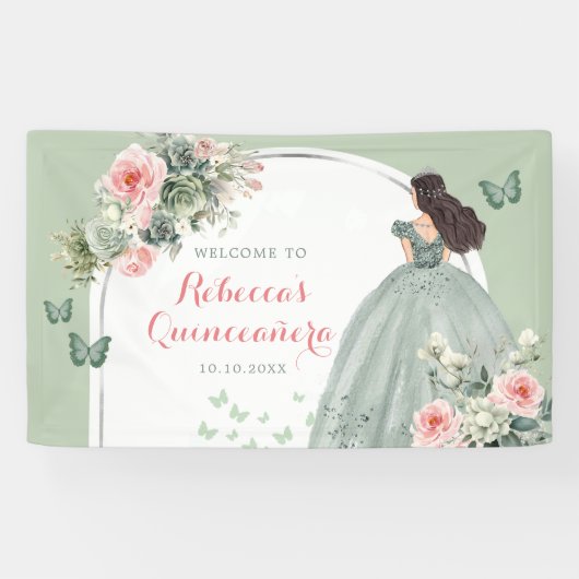 Boho Sage Green Princess Quinceañera Large Banner (Horizontal)