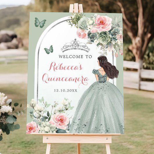 Boho Sage Green Princess Quinceañera Willkommen Poster