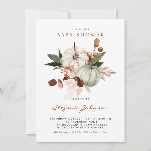 Boho Sage Green Pumpkins Fall Baby Dusche Einladung (Vorderseite)