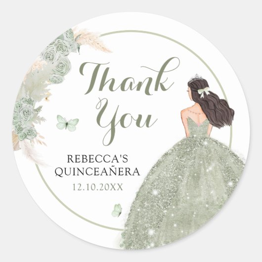 Boho Sage Green Quinceañera Vielen Dank Runder Aufkleber (Vorderseite)