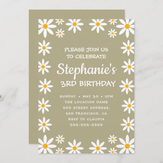 Boho Sage Green Retro Daisies Birthay Party Einladung (Vorne/Hinten)