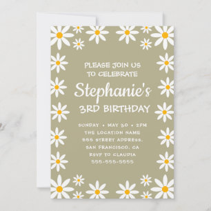 Boho Sage Green Retro Daisies Birthay Party Einladung