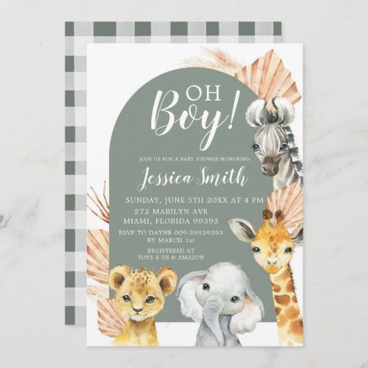Boho Sage Green Safari Oh Boy Baby Dusche Einladung (Vorne/Hinten)