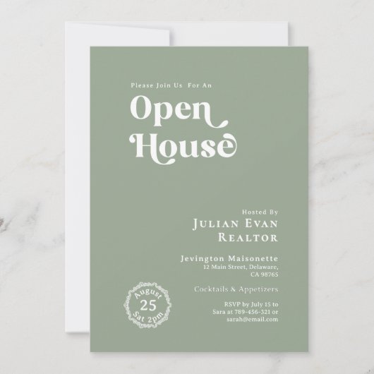 Boho Sage Green Typografy Business Open House Einladung (Vorderseite)