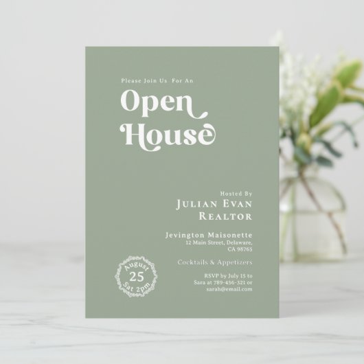 Boho Sage Green Typografy Business Open House Einladung (Stehend Vorderseite)