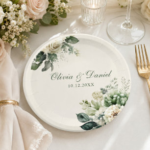 Boho Sage Green und Elfenbein Blume Hochzeit Pappteller