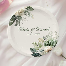 Boho Sage Green und Elfenbein Blume Hochzeit Pappteller