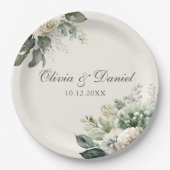 Boho Sage Green und Elfenbein Blume Hochzeit Pappteller (Vorderseite)