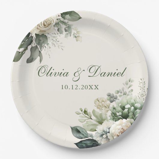 Boho Sage Green und Elfenbein Blume Hochzeit Pappteller (Vorderseite)