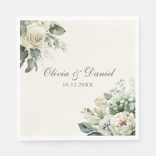 Boho Sage Green und Elfenbein Blume Hochzeit Serviette (Vorderseite)
