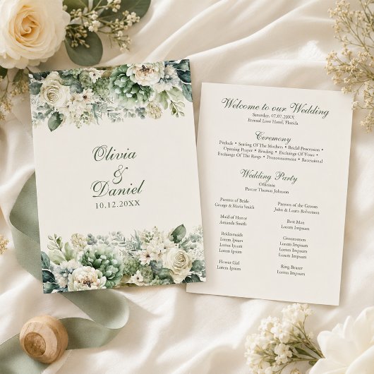 Boho Sage Green und Elfenbein Blume Hochzeitsprogr Programm