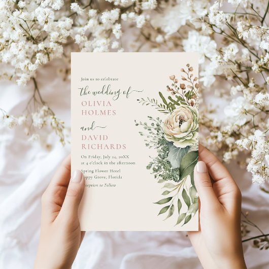 Boho Sage Green und Elfenbein Widlblumen Hochzeit Einladung