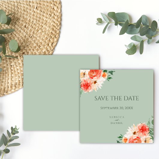 Boho Sage Green und Orange Blume Hochzeit Save The Date
