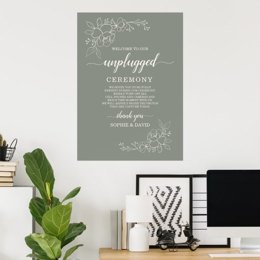 Boho Sage Green Unplugged Wedding Ceremony Sign Poster (Heimbüro)