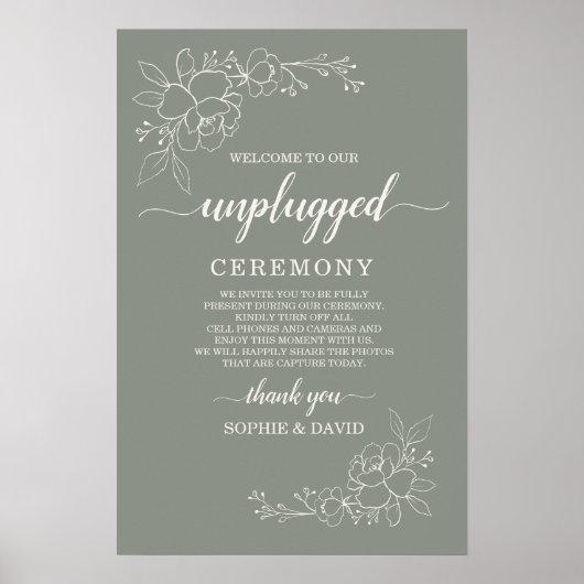 Boho Sage Green Unplugged Wedding Ceremony Sign Poster (Vorne)