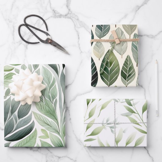 Boho Sage Green Watercolor Botanische Muster Geschenkpapier Set (Vorderseite)
