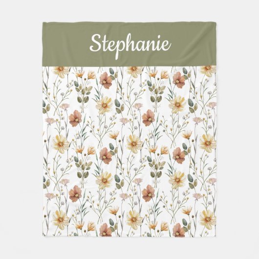 Boho Sage Green Watercolor Wildflower Monogram Fleecedecke (Vorderseite)