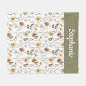 Boho Sage Green Watercolor Wildflower Monogram Fleecedecke (Vorderseite (Horizontal))
