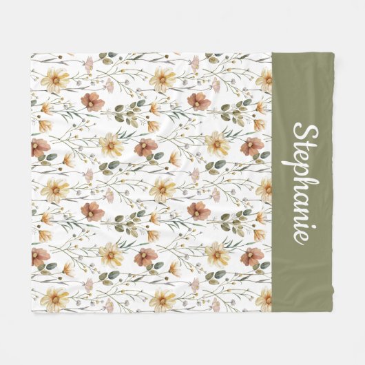 Boho Sage Green Watercolor Wildflower Monogram Fleecedecke (Vorderseite (Horizontal))