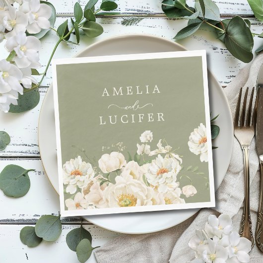 Boho Sage Green White Ivory Floral Wedding Serviette