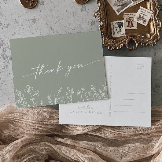Boho Sage Green Wildflower Wedding Thank You Postkarte