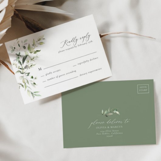 Boho Sage Greenery Botanical Wedding RSVP Card Karte