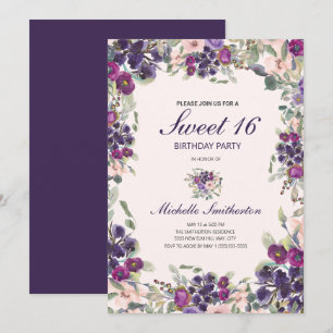 Boho Sage Grün Blätter Lila Rosa Floral Sweet 16 Einladung