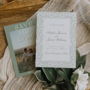 Boho Sage Grün Floral Moderne Foto Hochzeit Save The Date