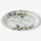 Boho-Sage-Grün personalisierte Eukalyptus-Hochzeit Pappteller (Schrägansicht)