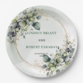 Boho-Sage-Grün personalisierte Eukalyptus-Hochzeit Pappteller (Vorderseite)