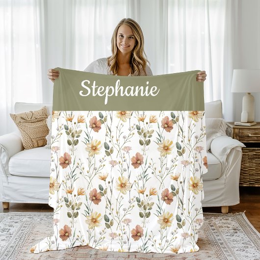 Boho-Sage-Grün-Wasserfarbe-Wildblumen-Name Fleecedecke