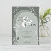 Boho sage grünes Foto Namen Drehbuch Bogen Hochzei Einladung (Stehend Vorderseite)