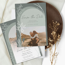 Boho sage grünes Foto Namen Drehbuch Bogen Hochzei Save The Date