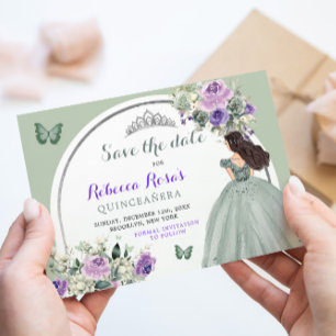 Boho Sage Lila Floral Quinceañera Save the Date Einladung