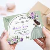 Boho Sage Lila Floral Quinceañera Save the Date Einladung