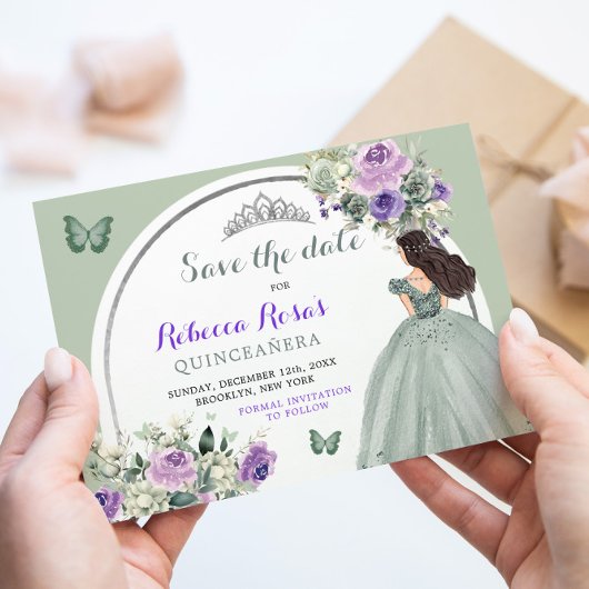 Boho Sage Lila Floral Quinceañera Save the Date Einladung
