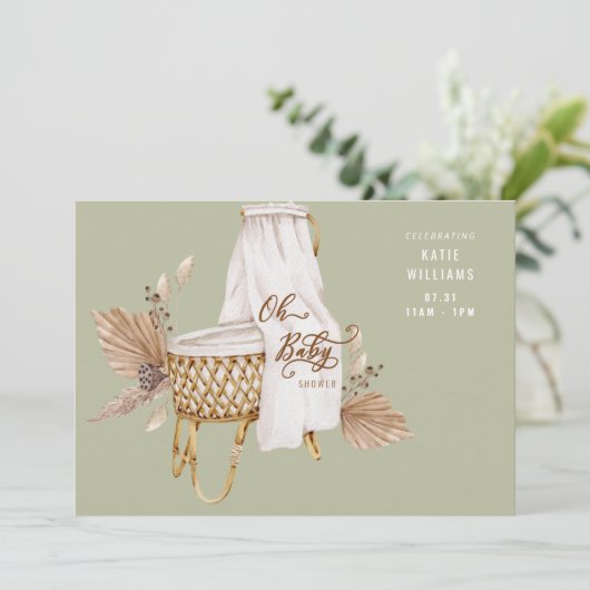 Boho Sage Oh Baby Bassinet Dusche Einladung (Stehend Vorderseite)