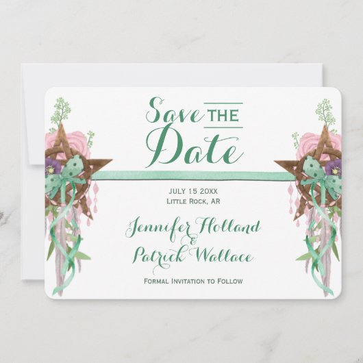 Boho Sage & Pink Wicca Pentagramm Handfastet Save The Date (Vorderseite)