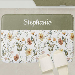 Boho-Sagegrün-Aquarell-Wildblumen-Monogramm Badematte