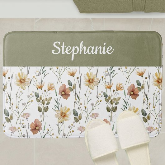 Boho-Sagegrün-Aquarell-Wildblumen-Monogramm Badematte