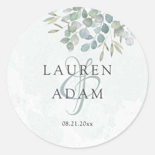 Boho Sagegrün Eukalyptus Aquarell Hochzeit Runder Aufkleber (Vorderseite)