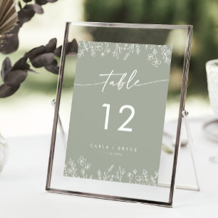 Boho-Sagegrün-Wildblumen-Hochzeitstisch-Nummern Einladung