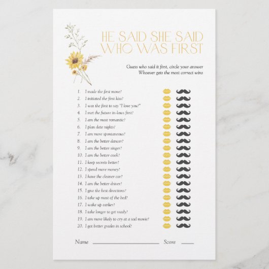 Boho sagte, sie sagte Sonnenblumen Brautparty Game (Vorderseite)