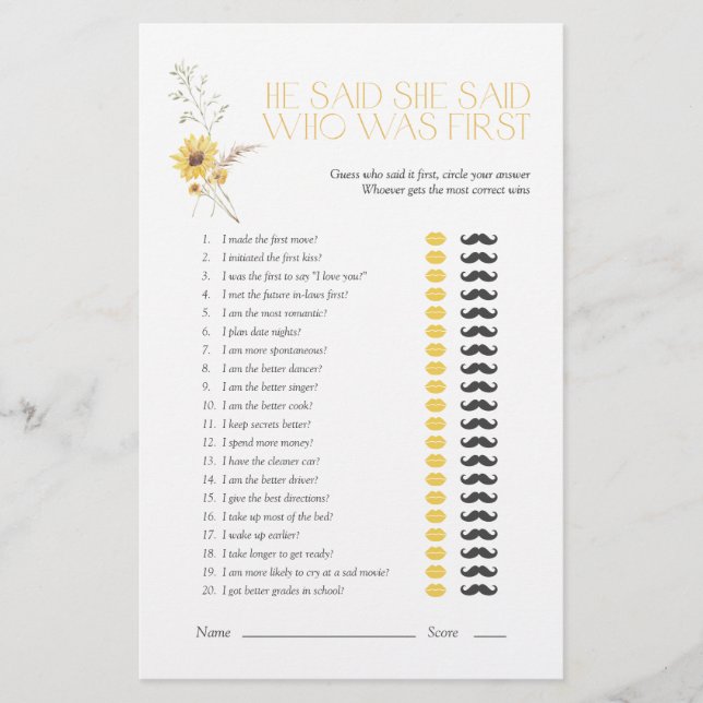 Boho sagte, sie sagte Sonnenblumen Brautparty Game (Vorderseite)