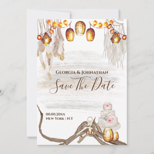 Boho Saitenlichter Makrame Federn kuchenchic Save The Date (Vorderseite)