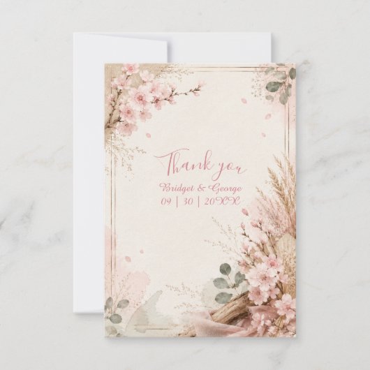 Boho Sakura Rustikale Hochzeitsblüten Dankeskarte (Vorderseite)
