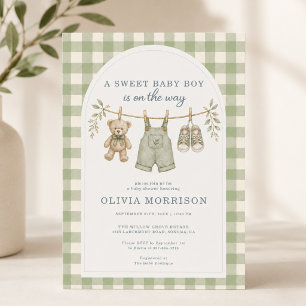 Boho Salbei Grün Gingham Jungen Baby Shower Einladung