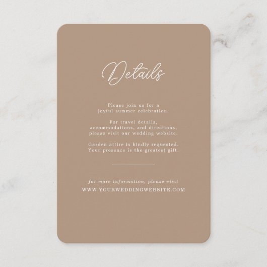 Boho-Sand-Minimalist-Script-Hochzeits-Detailskarte Begleitkarte (Vorderseite)