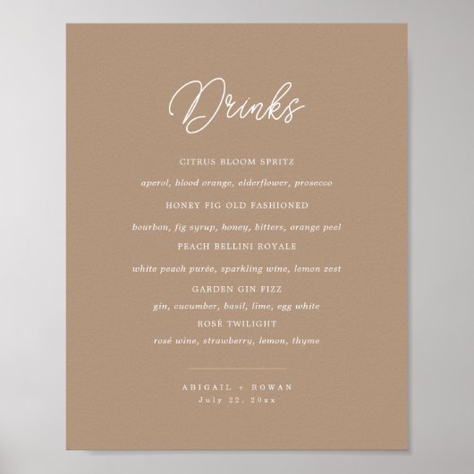 Boho-Sand-Minimalist-Script-Hochzeitsbar-Menü-Schi Poster (Vorne)